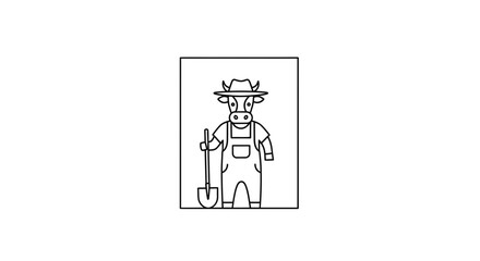 Fototapeta premium Cartoon Farmer Cow with Shovel, Wearing Hat and Overalls, Farm Animal Character