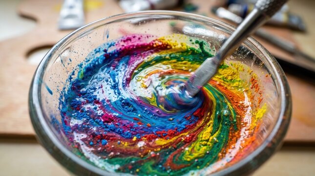 A glass bowl containing a colorful mixture of paints, with a metal spoon stirring the contents.
