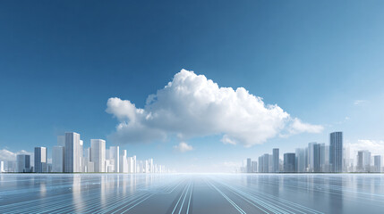 Obraz premium Futuristic city skyline with clouds reflected on glossy surface under clear blue sky