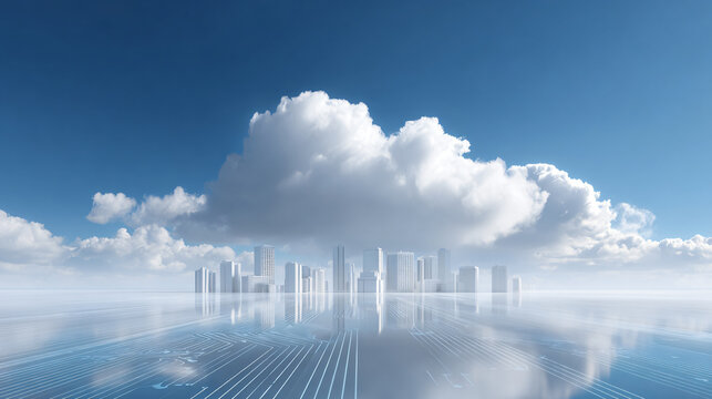 Futuristic cityscape under clouds with reflective water surface and digital technology elements