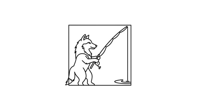 Anthropomorphic Wolf Fishing with Rod and Reel in Square Frame