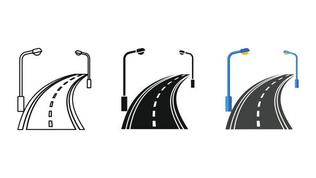 Road with streetlights illustration, line art, silhouette, and color vector styles