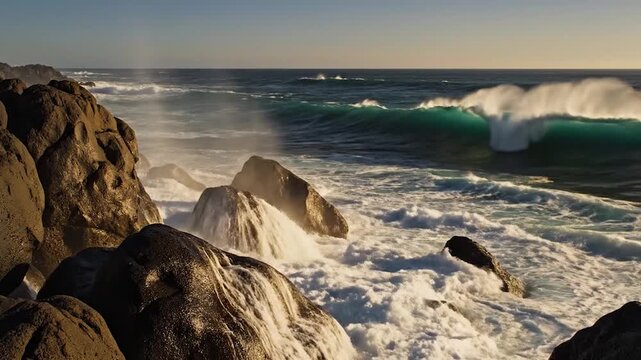 Ocean waves crash against rugged rocks on a sunny day