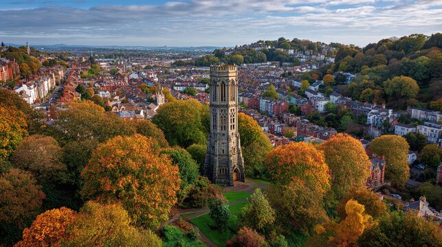 Aerial view of a historic tower in a city surrounded by autumn trees