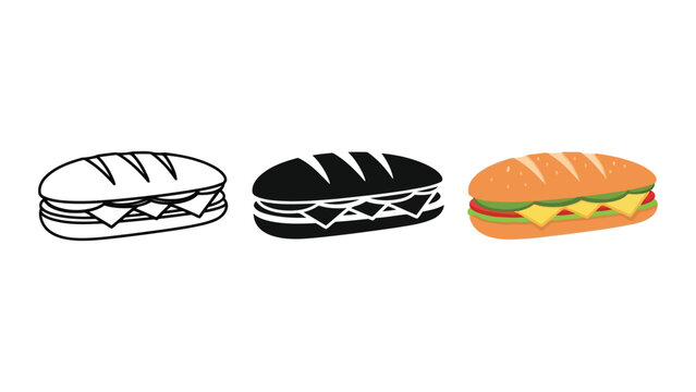 Submarine sandwich vector illustration set with outline silhouette and colored icons