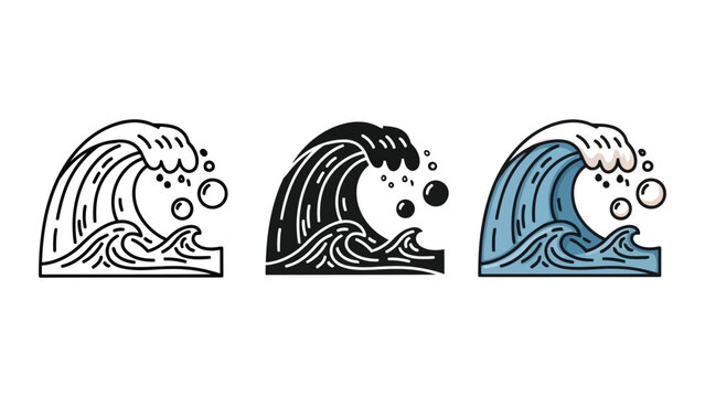 Vector whale spouting water in three minimalist line art illustrations