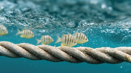 Fototapeta premium Underwater Scene with Fish Swimming Near Rope in Clear Blue Water Showcasing Marine Life and Natural Habitat in Freshwater Ecosystem