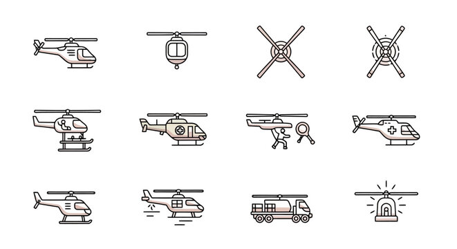 Set of detailed line art icons depicting helicopters from multiple angles and types.
