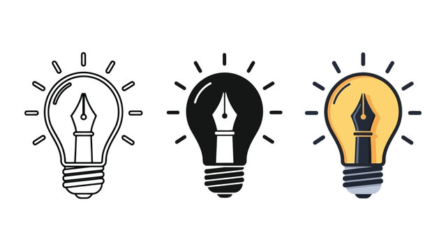 Light bulb with fountain pen nib vector illustration set