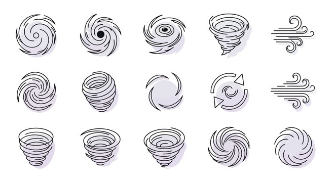 Collection of minimalist line art icons depicting various swirling wind, hurricane, and tornado symbols, illustrating weather phenomena.