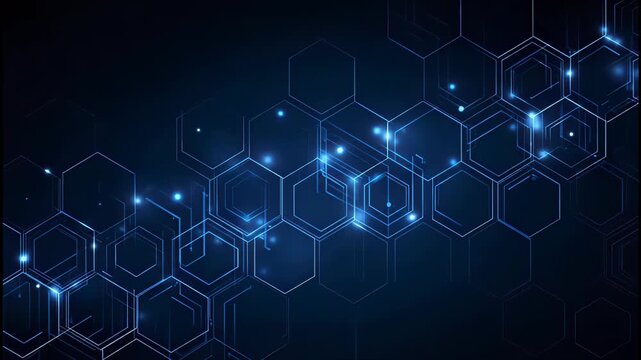 A futuristic abstract background features interconnected glowing hexagons against a dark blue gradient, creating a sense of technological innovation and digital connectivity.