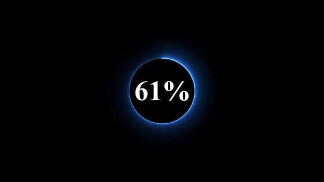 Neon glowing blue color circle loading bar animation on black background . Neon circle in charging percent icon. futuristic technology concept on animation video. 61% charge available now .