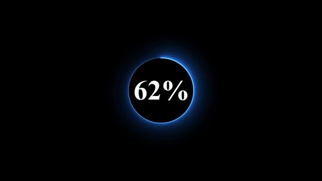 Neon glowing blue color circle loading bar animation on black background . Neon circle in charging percent icon. futuristic technology concept on animation video. 62% charge available now .