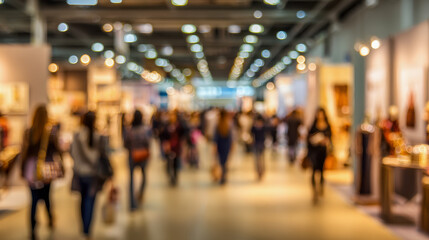 Fototapeta premium Blurred bustling hallway filled with people walking and shopping in a well-lit modern indoor marketplace or exhibition space during daytime event