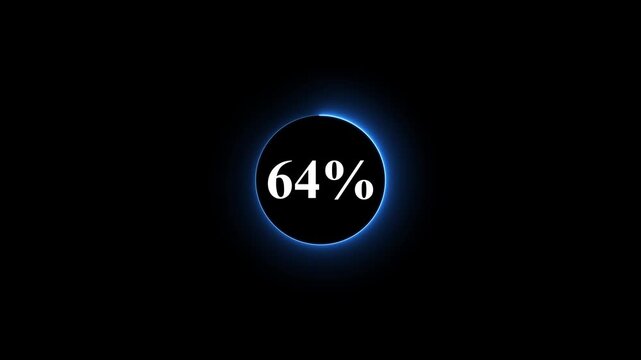 Neon glowing blue color circle loading bar animation on black background . Neon circle in charging percent icon. futuristic technology concept on animation video. 64% charge available now .