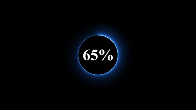 Neon glowing blue color circle loading bar animation on black background . Neon circle in charging percent icon. futuristic technology concept on animation video. 65% charge available now .