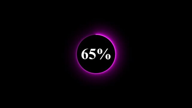 Neon glowing violet color circle loading bar animation on black background . Neon circle in charging percent icon. futuristic technology concept on animation video. 65% charge available now .