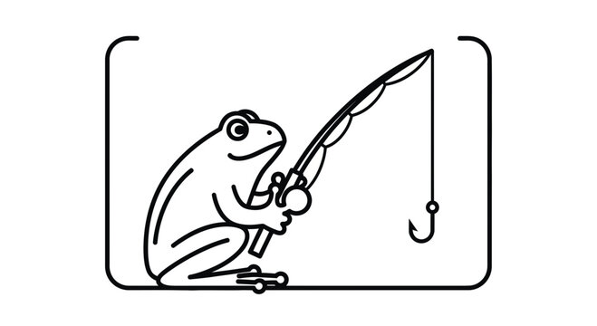 Funny Frog Fishing with Rod and Hook, Cartoon Style, Outline Illustration