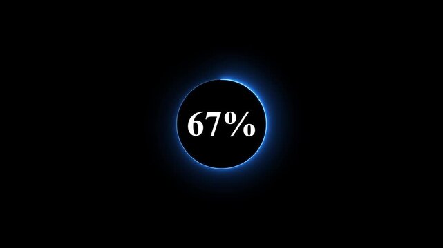 Neon glowing blue color circle loading bar animation on black background . Neon circle in charging percent icon. futuristic technology concept on animation video. 67% charge available now .
