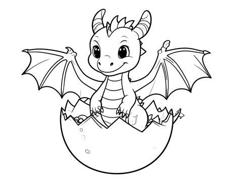 A line drawing of a baby dragon hatching from an egg, with its wings spread and a smiling expression