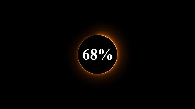 Neon glowing orange color circle loading bar animation on black background . Neon circle in charging percent icon. futuristic technology concept on animation video. 68% charge available now .