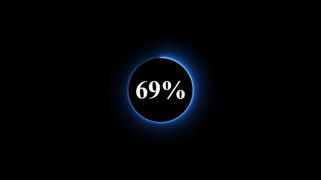 Neon glowing blue color circle loading bar animation on black background . Neon circle in charging percent icon. futuristic technology concept on animation video. 69% charge available now .