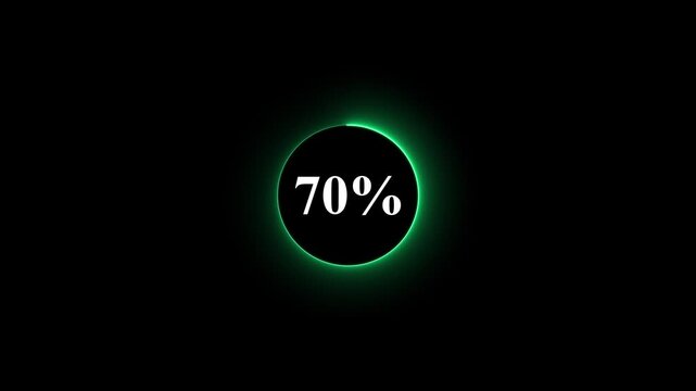Neon glowing green color circle loading bar animation on black background . Neon circle in charging percent icon. futuristic technology concept on animation video. 70% charge available now .