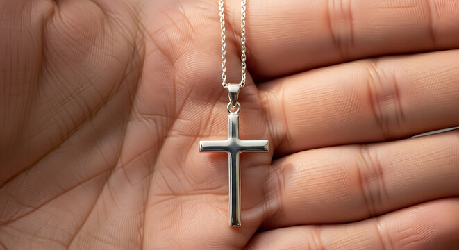 A hand holds a silver cross pendant on a chain, symbolizing faith and spirituality.