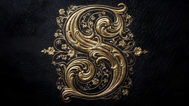 Golden illuminated initial S with intricate filigree on black background. High-resolution art for design.