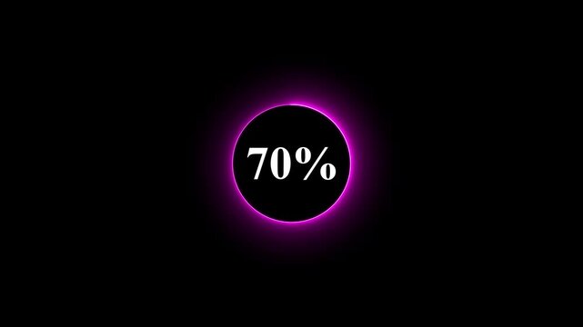 Neon glowing violet color circle loading bar animation on black background . Neon circle in charging percent icon. futuristic technology concept on animation video. 70% charge available now .