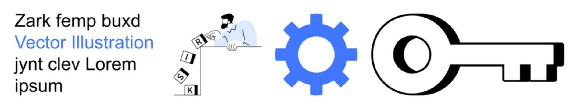 Teamwork, problem-solving, innovation, security, engineering, knowledge sharing. a person stacking blocks, a gear and a key. Collaboration and security concept for various applications
