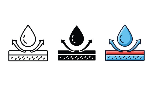 Waterproof fabric icon set, liquid drop on material layer with arrows