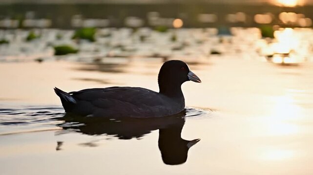 A dark water bird with a white forehead mark swims serenely
