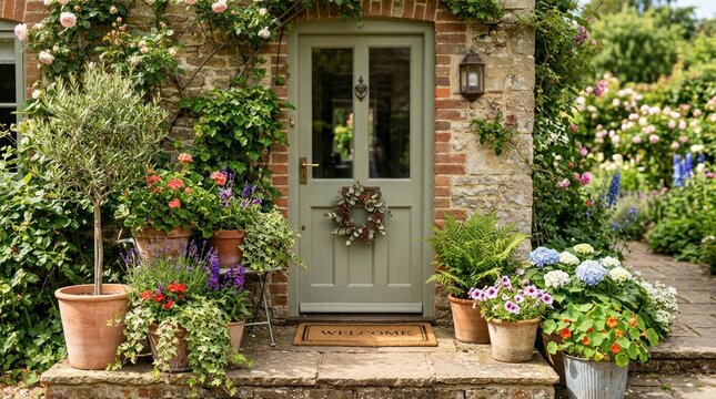 A charming garden entrance with a green door, potted plants, and flowers. The setting is a rustic cottage with a brick exterior and a stone path.