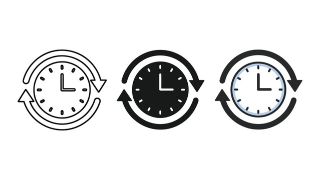Vector illustration of three clocks with circular arrows indicating time passing