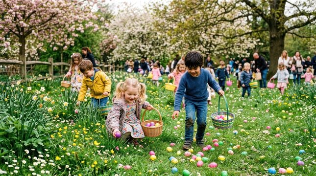 Children in a garden, picking Easter eggs, with a variety of colored eggs on the ground.