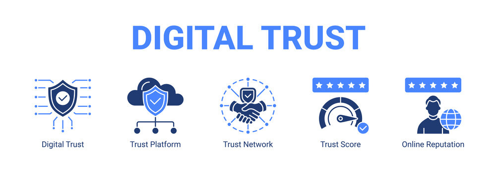 Digital Trust web banner icon concept, with Digital Trust, Trust Platform, Trust Network, Trust Score.