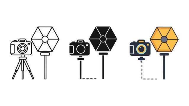 Vector illustration of tripod cameras with geometric polygon lenses in flat design