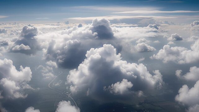 cloudscape aerial view fluffy clouds above blue sky horizon