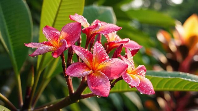 Close-up of pink tropical flowers with water droplets in soft morning light