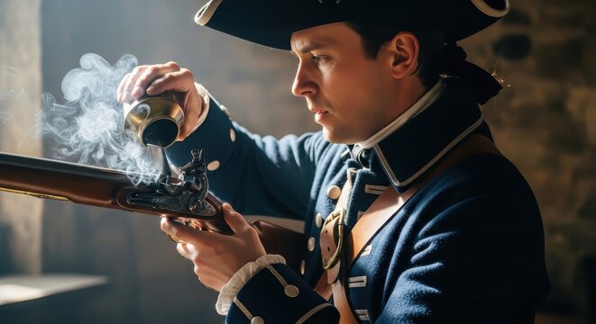 Colonial soldier carefully loads gunpowder into the pan of a muzzle-loading flintlock musket.