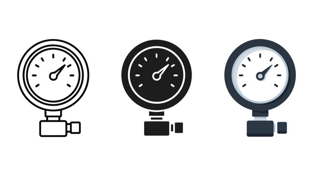 Pressure gauge vector illustration in three styles: line art, silhouette, and flat design