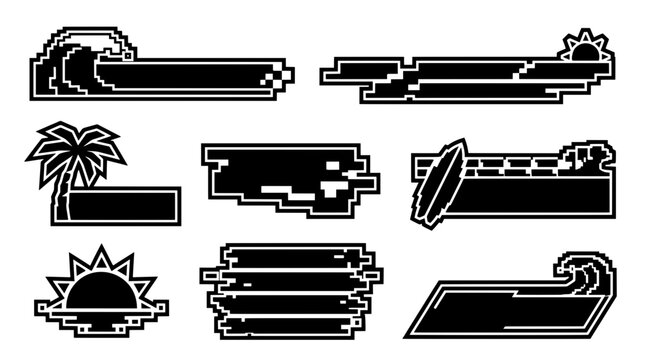 Black and white retro 8-bit pixel cyber summer banner set. Blank text frames featuring tropical palm tree, surf, sun, and ocean wave silhouettes