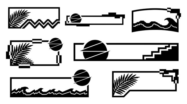 Blank black and white vaporwave banner set with cyber summer aesthetic. Retro futuristic text frames featuring glitch sun, palm leaves, and ocean waves