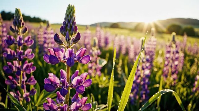 Field of purple flowers bathed in warm golden sunlight at sunset
