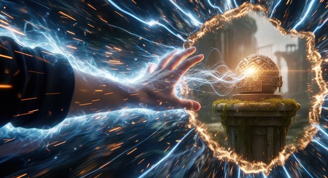 Human hand reaches through a swirling dimensional portal toward an ancient glowing artifact.