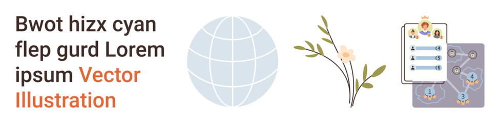 Obraz premium Digital communication, global connections, project planning, nature integration, workflow management, and creativity. Abstract globe, floral graphic task sheet. Digital communication and global