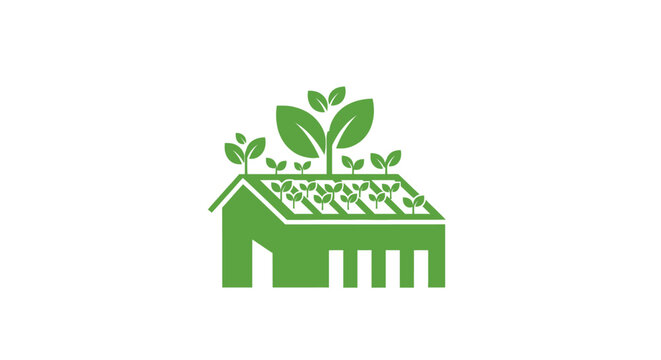 Green house with plants on roof.