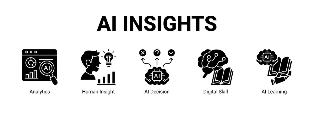 AI Insights web banner icon concept, with Analytics, Human Insight, AI Decision, Digital Skill.