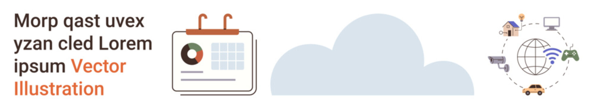 Cloud computing, digital collaboration, scheduling, data sharing, global networks, online connectivity. Features a cloud icon, calendar and globe with technology symbols. Cloud computing and digital